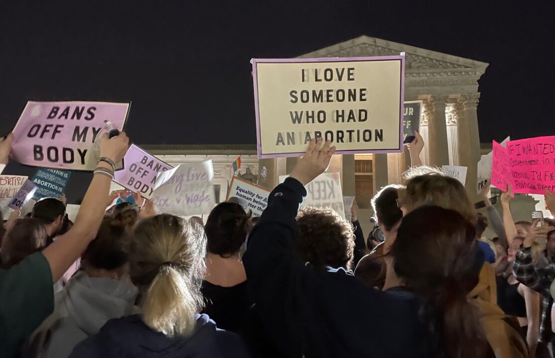 Protestors react outside the U.S. Supreme Court after the leak of a draft opinion preparing for a majority of the court to overturn the Roe v. Wade abortion rights decision in Washington