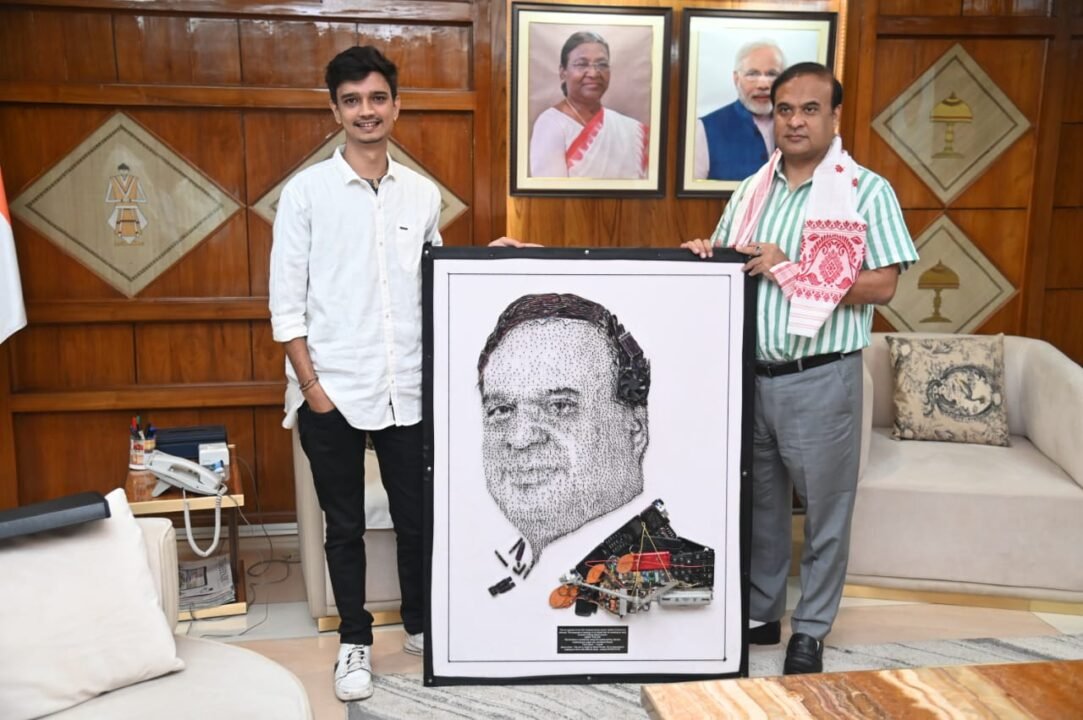 Himanta thanks young artist for creating portrait using electronic wastes