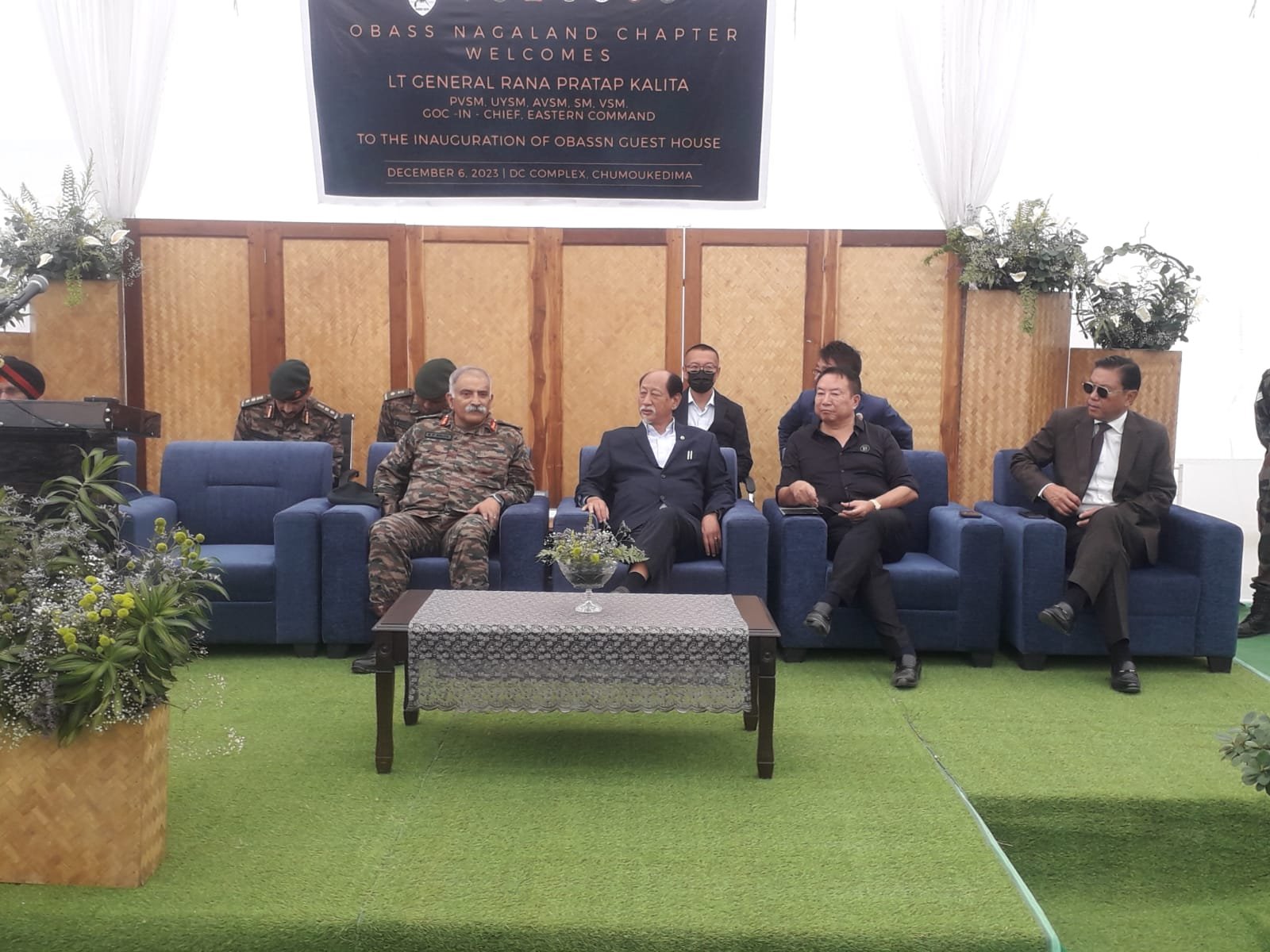 (From lest) Lt Gen Rana Pratap Kalita, Nagaland CM Neiphiu Rio and MLA Kuzholuzo Nienuh with others at the inaugural progrrame of the guest house on Wednesday