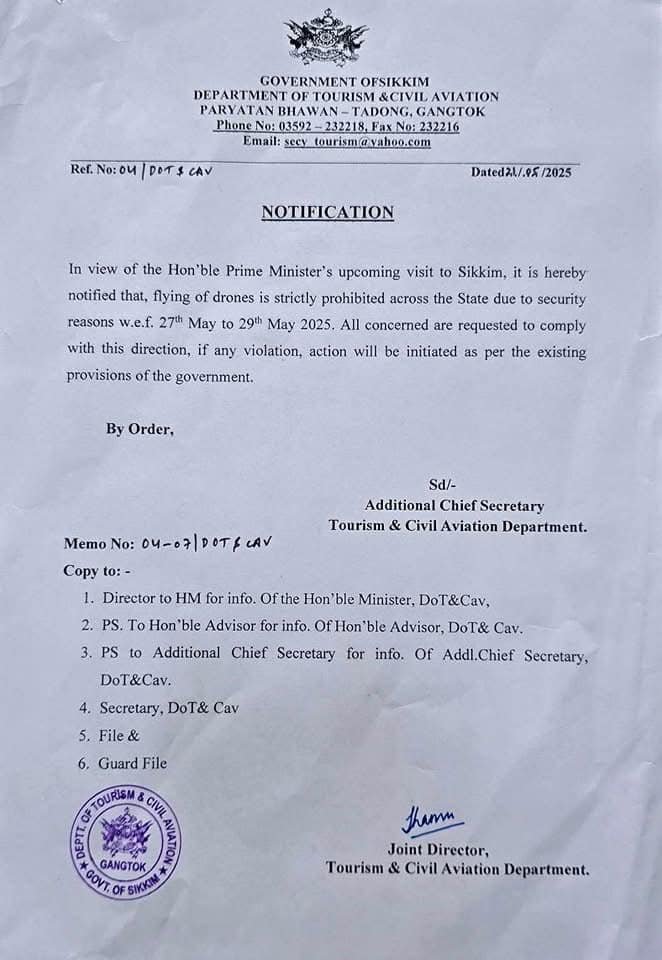 Tourists leaving Sikkim on May 29 must leave by 6 am in view of PM’s visit: Govt 1 Tourists leaving Sikkim on May 29 must leave by 6 am in view of PM’s visit: Govt