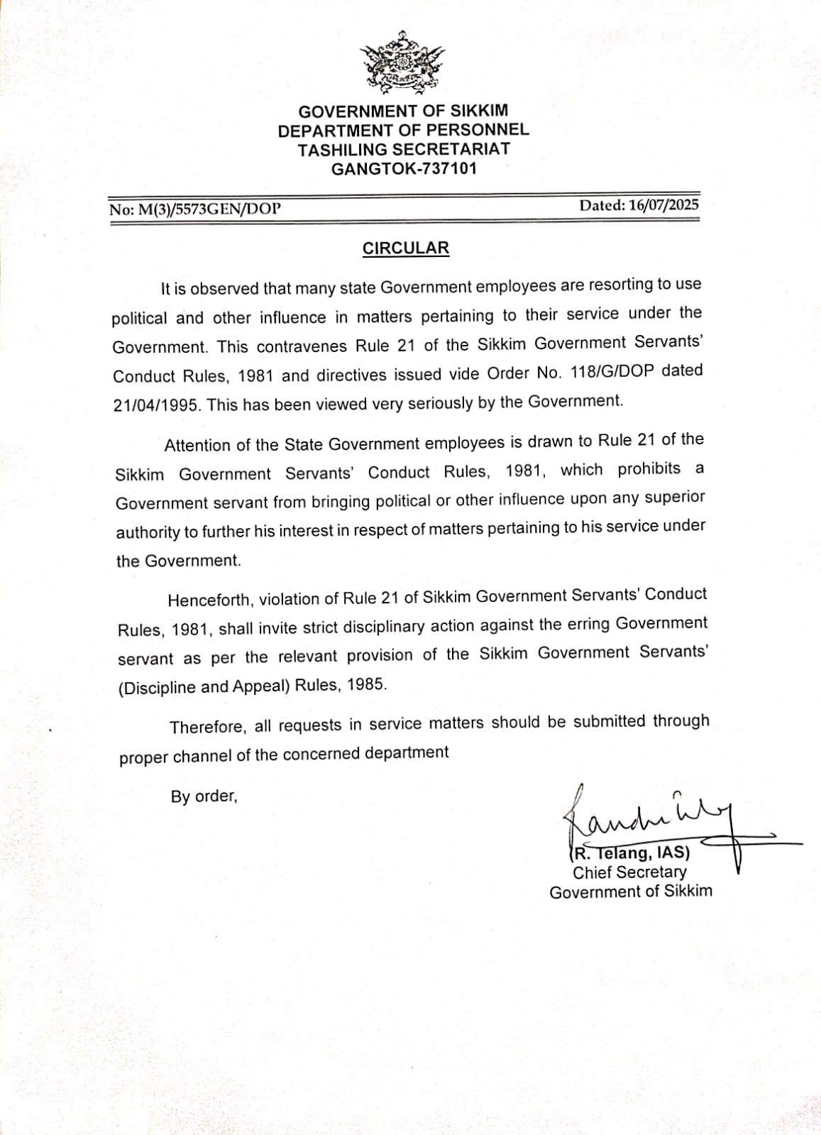 Sikkim govt issues circular to all employees emphasising importance of integrity, discipline 1 Sikkim govt issues circular to all employees emphasising importance of integrity, discipline