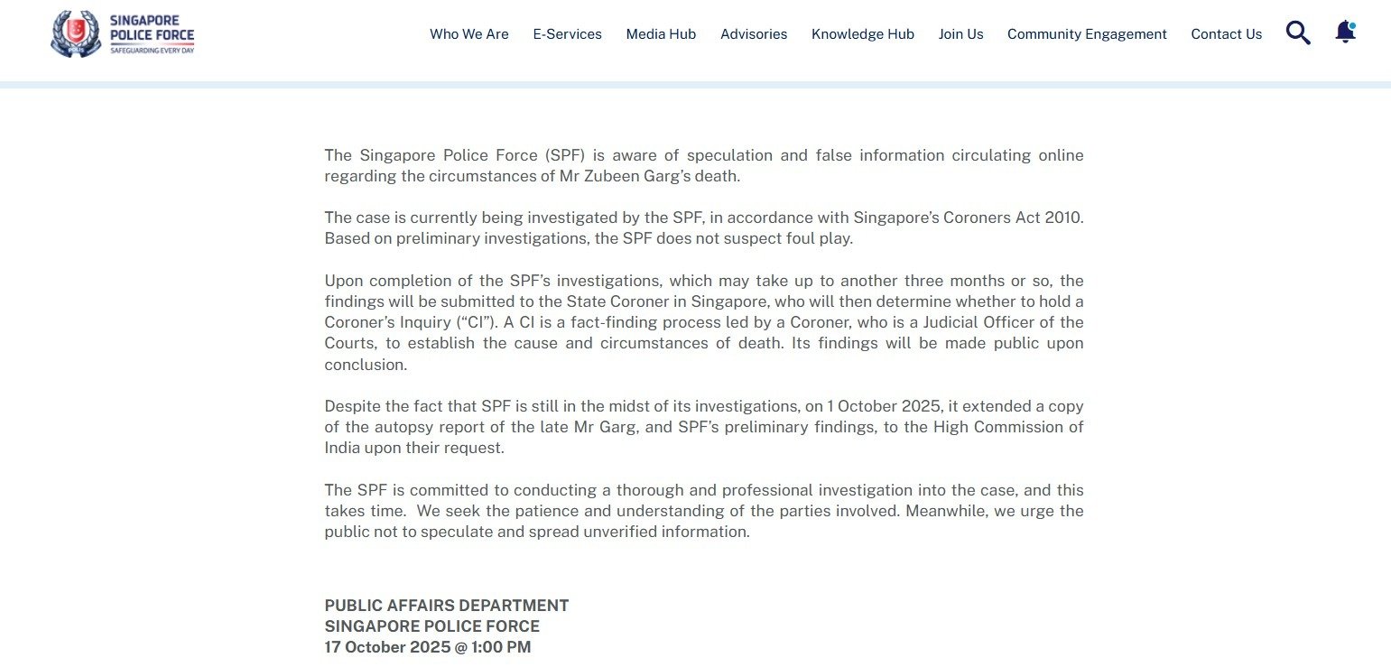 Singapore Police Rule Out Foul Play in Zubeen Garg’s Death Case 1 Singapore Police Rule Out Foul Play in Zubeen Garg’s Death Case