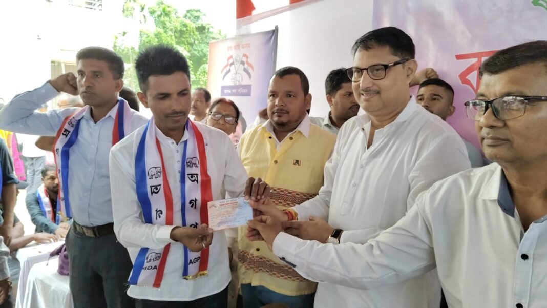 AGP leaders welcome over 600 former BJP workers during a mass joining ceremony in Ranganadi, Assam.