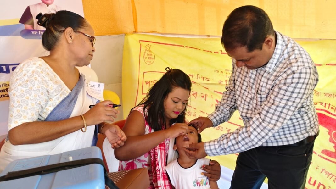 Children receiving polio drops at a booth during Morigaon Polio Immunisation Drive 2025 under Sub-National Immunisation Day.