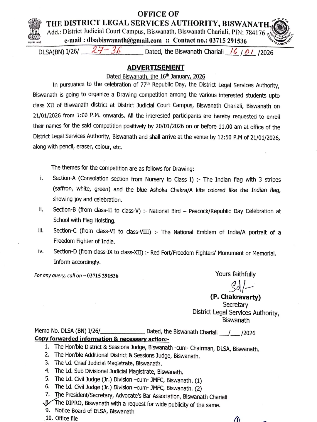DLSA Biswanath to hold drawing contest for students ahead of Republic Day